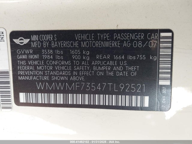 2007 MINI COOPER S WMWMF73547TL92521 Photo 8