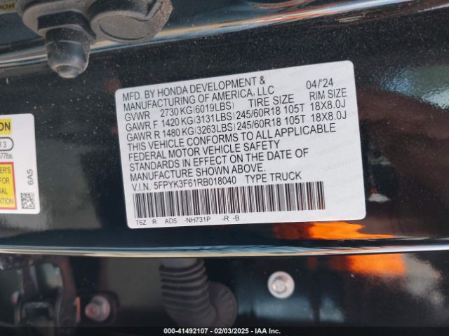 5FPYK3F61RB018040 Honda Ridgeline Trailsport