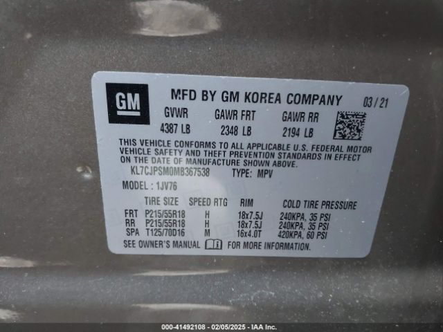 KL7CJPSM0MB367538 Chevrolet Trax Awd Lt