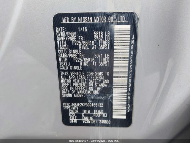JN8AE2KP3G9155132 Nissan Quest Sv