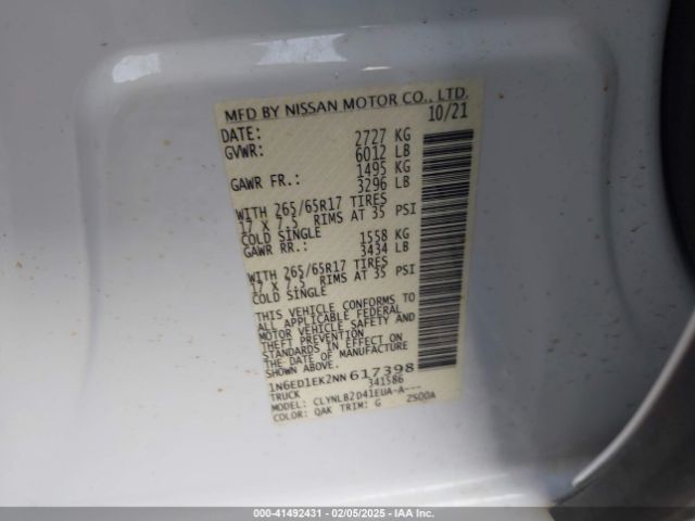 1N6ED1EK2NN617398 Nissan Frontier Sv 4x4