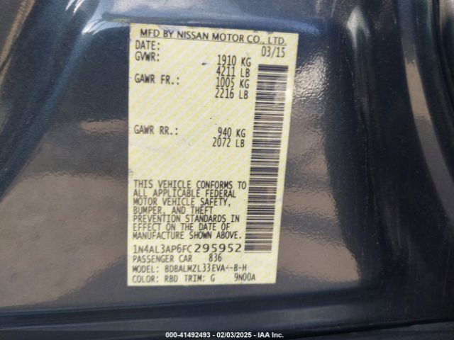 1N4AL3AP6FC295952 Nissan Altima 2.5 Sv