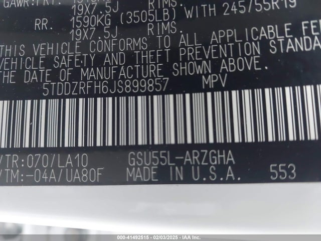 5TDDZRFH6JS899857 Toyota Highlander Limited Platinum