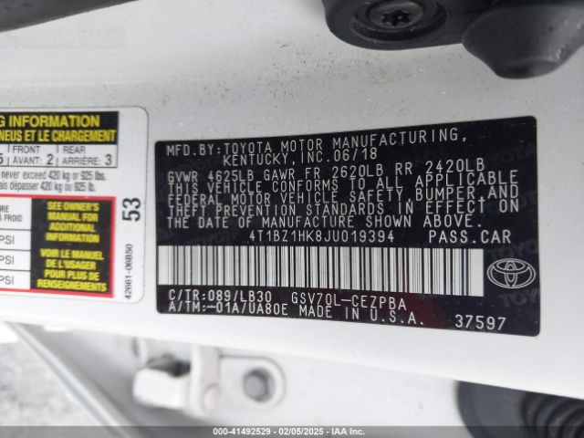 4T1BZ1HK8JU019394 Toyota Camry Xse V6