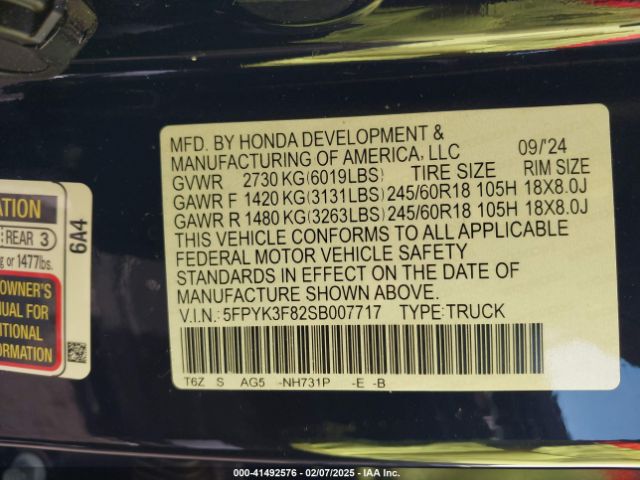 5FPYK3F82SB007717 Honda Ridgeline Black Edition