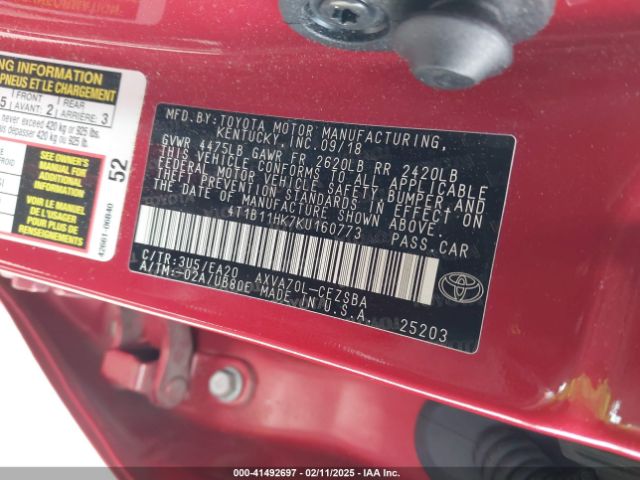 4T1B11HK7KU160773 Toyota CAMRY SE