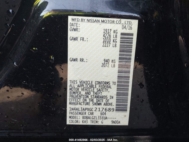1N4AL3APXGC217689 Nissan Altima 2.5/2.5 S/2.5 Sl/2.5 Sr/2.5 Sv