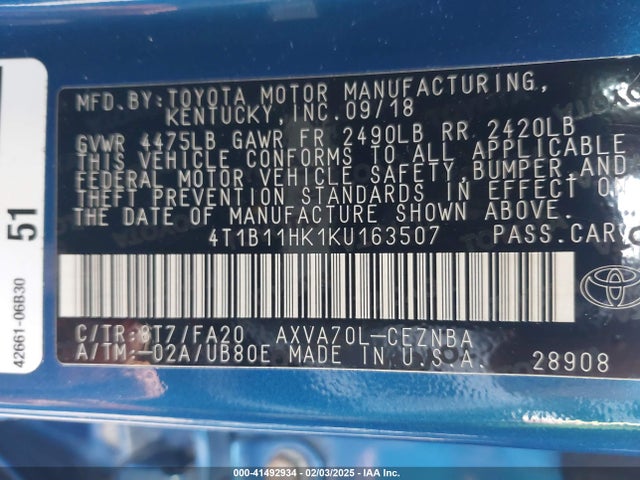 4T1B11HK1KU163507 Toyota CAMRY LE