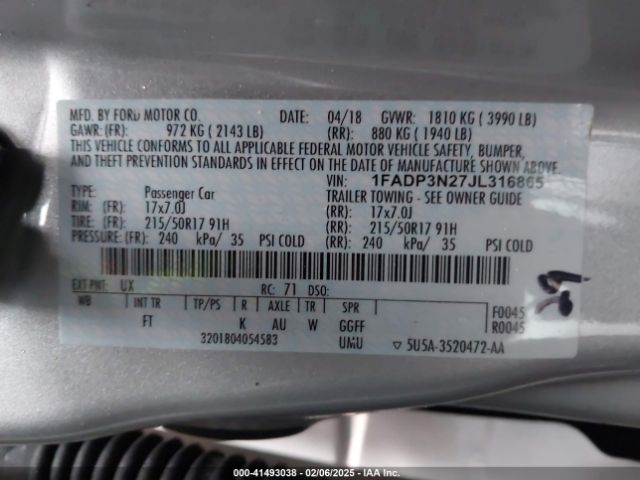 1FADP3N27JL316865 Ford Focus Titanium