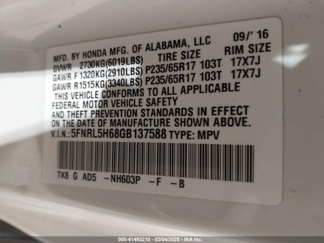5FNRL5H68GB137588 Honda Odyssey Ex-l