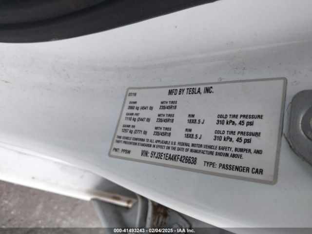 5YJ3E1EA4KF426638 Tesla Model 3 Long Range/mid Range/standard Range/standard Range Plus