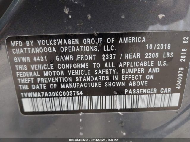 2019 VOLKSWAGEN PASSAT 1VWMA7A30KC003754 Photo 8