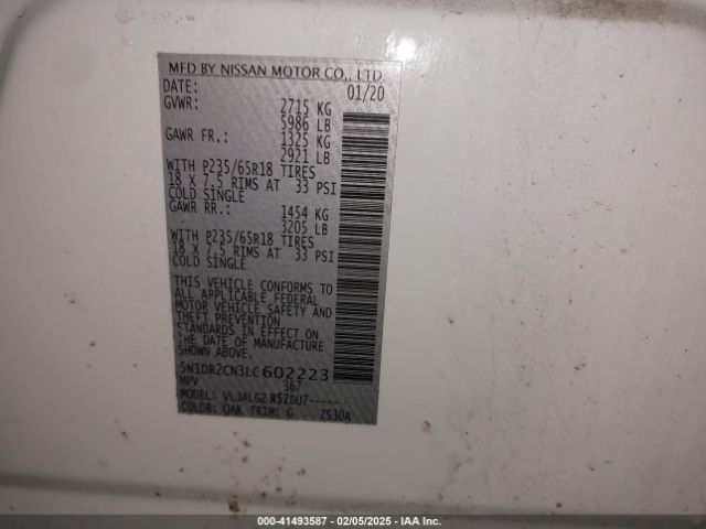 5N1DR2CN3LC602223 Nissan Pathfinder Sl 2wd