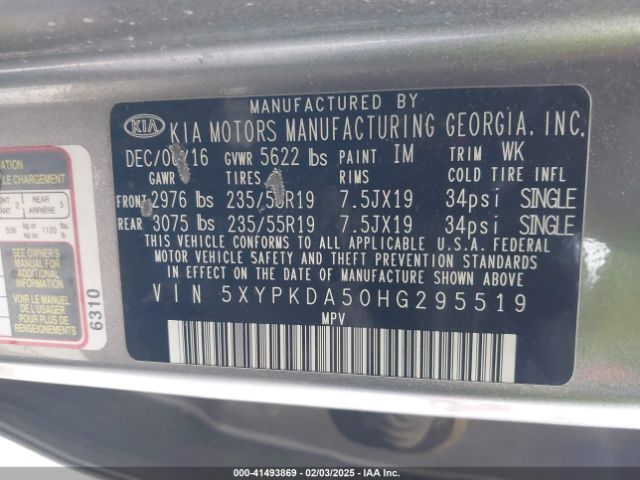 5XYPKDA50HG295519 KIA Sorento 3.3l Sxl