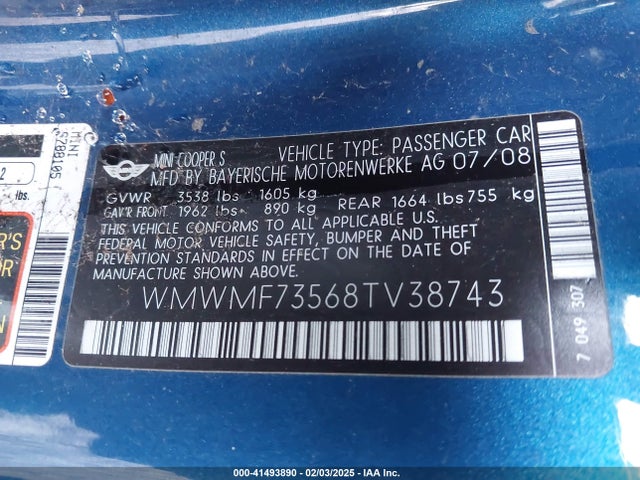 2008 MINI COOPER S WMWMF73568TV38743 Photo 8