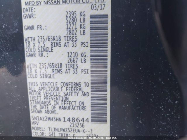 5N1AZ2MH3HN148644 Nissan MURANO S