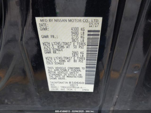 5BZAF0AA7JN850660 Nissan Nv Passenger Nv3500 Hd Sl V8
