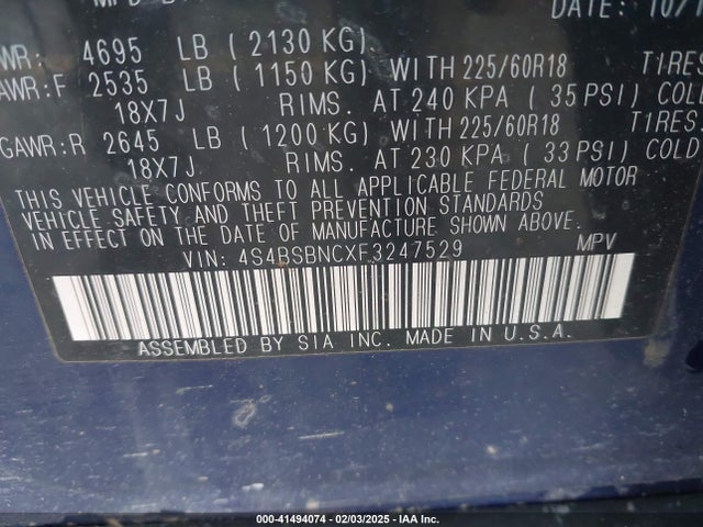 Subaru 2.5l u6 2015 4S4BSBNCXF3247529 Image 9