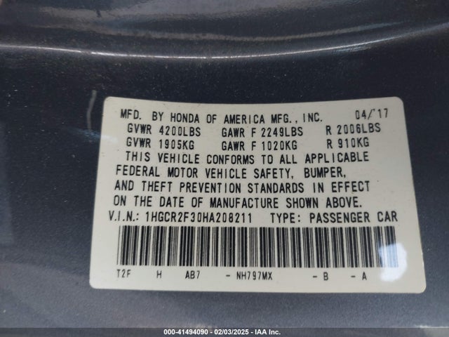 Honda ACCORD LX 2017 1HGCR2F30HA208211 Image 9