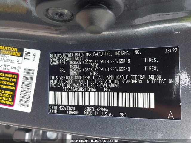 5TDGZRAH3NS113166 Toyota Highlander Xle