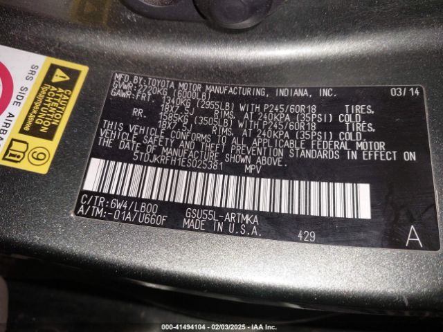 5TDJKRFH1ES025381 Toyota Highlander Xle V6