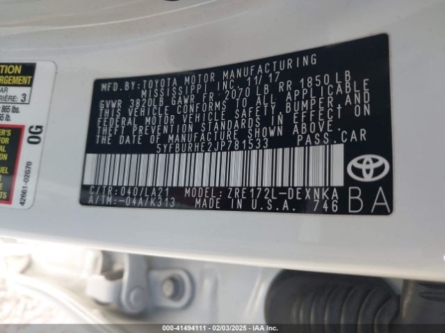 5YFBURHE2JP781533 Toyota Corolla Xle