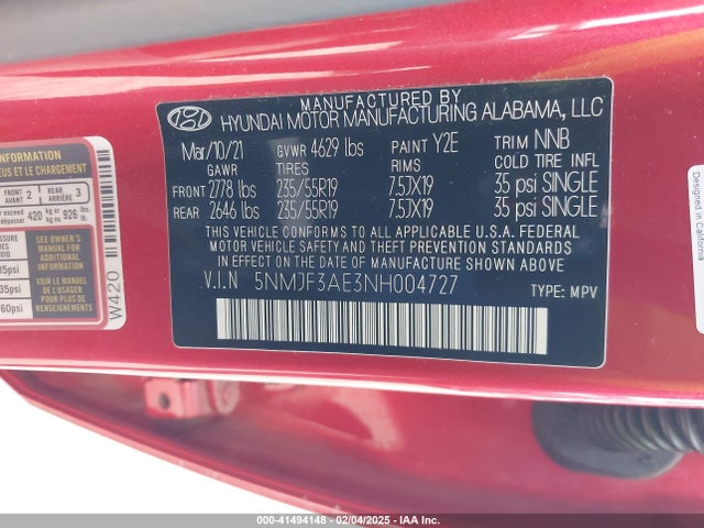 5NMJF3AE3NH004727 Hyundai TUCSON SEL
