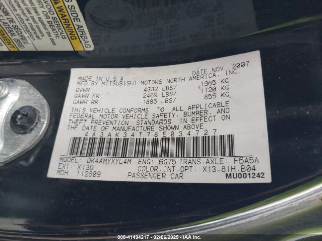 2008 MITSUBISHI ECLIPSE 4A3AK34T78E034727 Photo 8