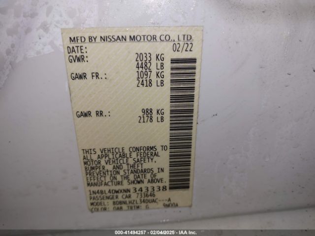 1N4BL4DWXNN343338 Nissan Altima Sv Intelligent Awd
