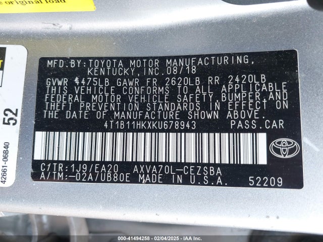 4T1B11HKXKU678943 Toyota CAMRY SE
