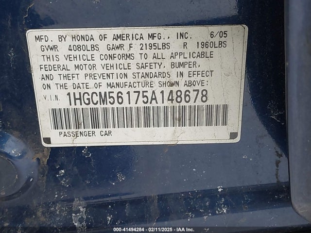 2005 HONDA ACCORD SDN 1HGCM56175A148678 Photo 8