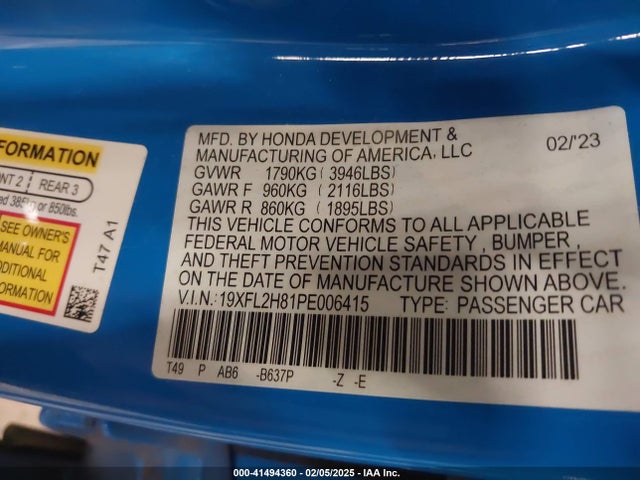19XFL2H81PE006415 Honda Civic Sport