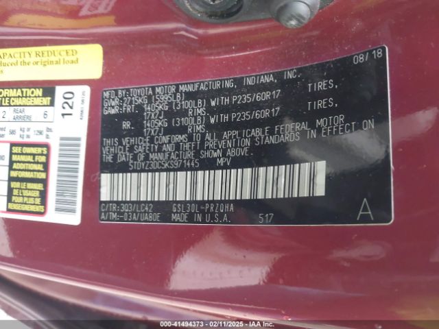 5TDYZ3DC5KS971445 Toyota Sienna Xle Premium 8 Passenger