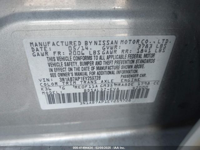 3N1AB7AP1EY259728 Nissan Sentra Fe+ S/fe+ Sv/s/sl/sr/sv