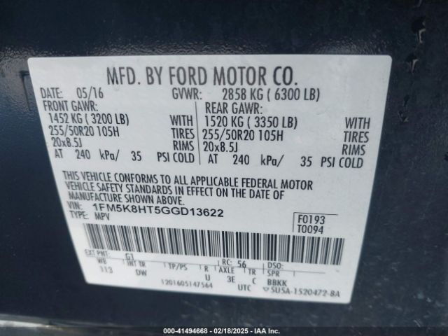 1FM5K8HT5GGD13622 Ford Explorer Platinum