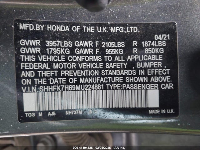 SHHFK7H69MU224881 Honda CIVIC EX