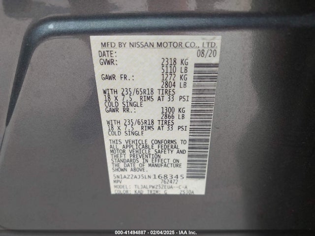 5N1AZ2AJ5LN168345 Nissan Murano S Fwd