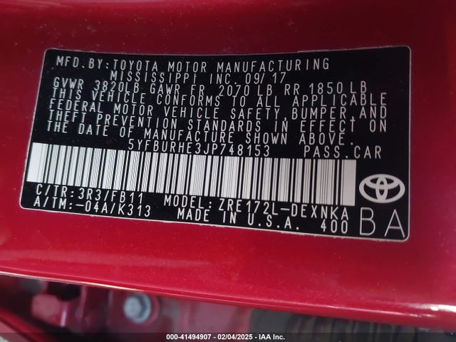 Toyota COROLLA LE 2018 5YFBURHE3JP748153 Image 9