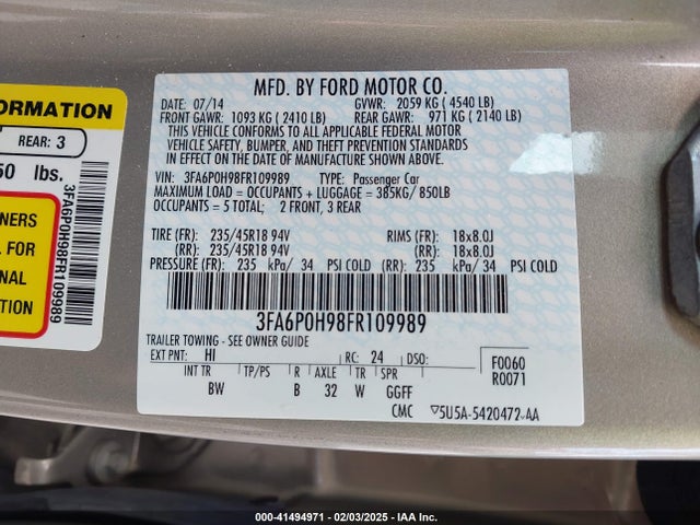 Ford FUSION SE 2015 3FA6P0H98FR109989 Image 9