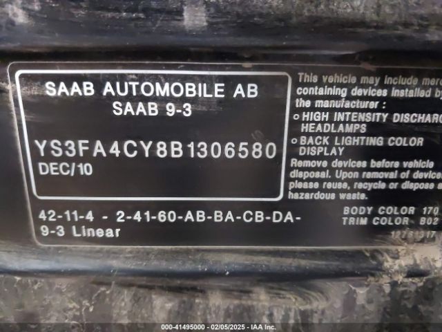 2011 SAAB 9-3 YS3FA4CY8B1306580 Photo 8