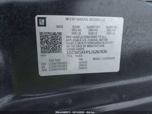 1GCWGAFP1J1267630 Chevrolet Express 2500 Work Van