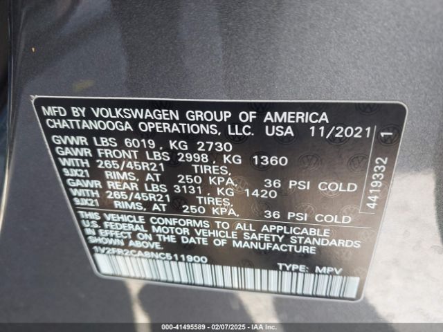 1V2FR2CA8NC511900 Volkswagen Atlas 3.6l V6 Sel Premium R-line