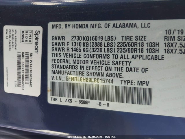 Honda Odyssey Touring 2020 5FNRL6H89LB015744 Image 9