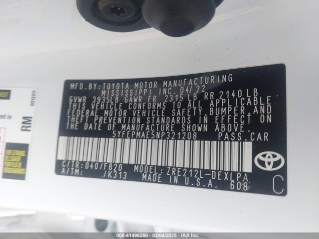 5YFEPMAE5NP321208 Toyota COROLLA LE