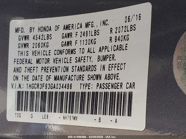 1HGCR3F93GA034496 Honda Accord Touring
