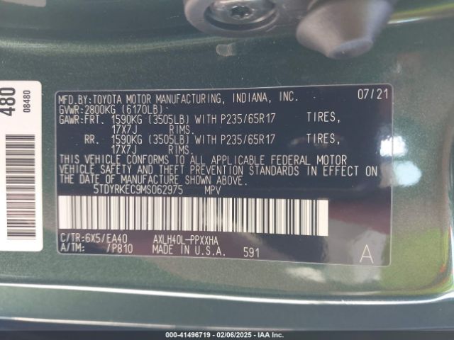 5TDYRKEC9MS062975 Toyota SIENNA XLE