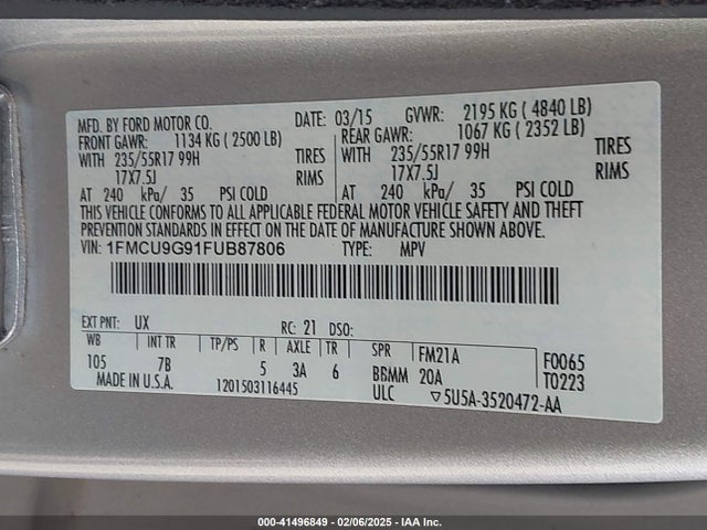 Ford ESCAPE SE 2015 1FMCU9G91FUB87806 Image 9