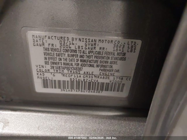 3N1AB7AP8GY248387 Nissan Sentra Fe+ S/s/sl/sr/sv
