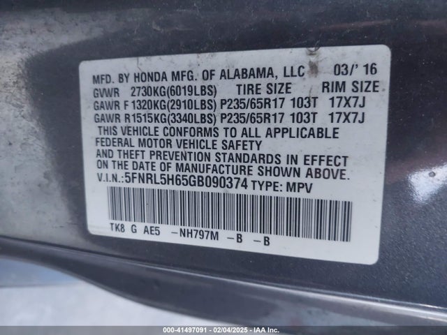 5FNRL5H65GB090374 Honda Odyssey Ex-l