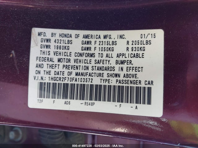 Honda ACCORD EX 2015 1HGCR2F70FA103572 Image 9